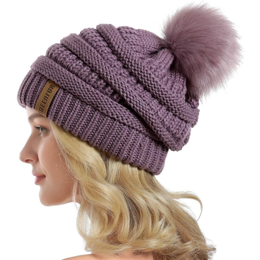 Women's Purple 100% Acrylic Cable Knit Beanie Faux Fur Winter Warm Slouchy Hat